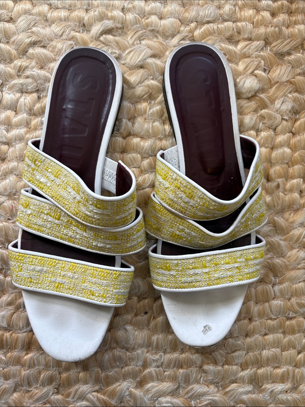 STAUD White Slide Sandals with Yellow Woven Straps
